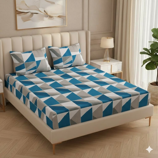 Fabicra Multicolor Elastic Fitted Cotton Blend Double Bed Bedsheets with 2 Pillow Covers