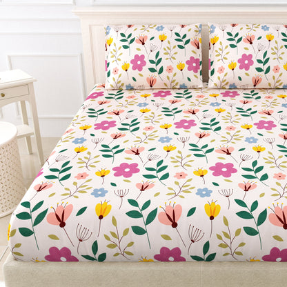 BOGO Fabicra Multicolor Elastic Fitted Cotton Blend Double Bed Bedsheets with 2 Pillow Covers