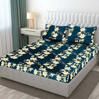 Fabicra Designer Warm Elastic Fitted King Bedsheet with 2 Pillow Covers(BOGO)