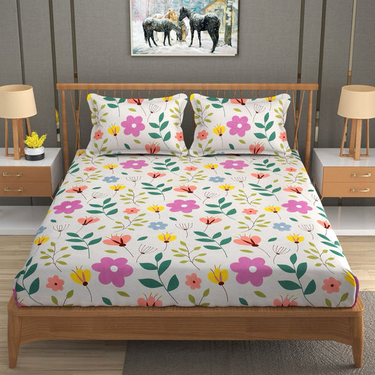 Fabicra Floral Cotton Elastic Fitted King Size Double Bed Bedsheet with 2 Pillow Covers