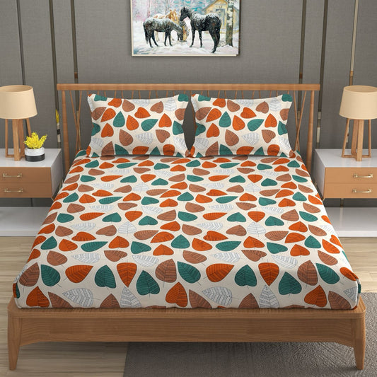 Fabicra Leaf Print Cotton Elastic Fitted King Size Double Bed Bedsheet with 2 Pillow Covers