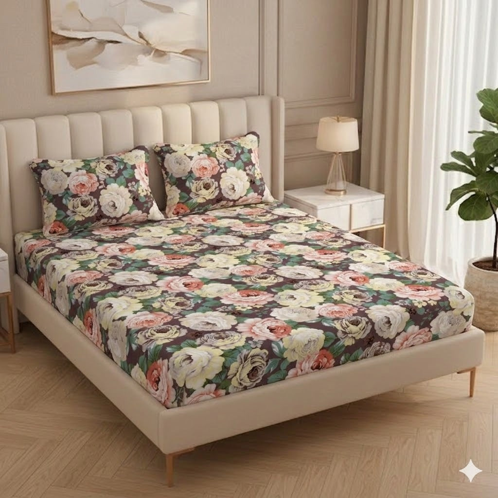 Fabicra Brown Floral Cotton Blend Elastic Fitted King Size Double Bed Bedsheet with 2 Pillow Covers (OFFER)