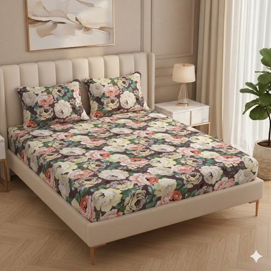 Fabicra Brown Floral Cotton Blend Elastic Fitted King Size Double Bed Bedsheet with 2 Pillow Covers (OFFER)