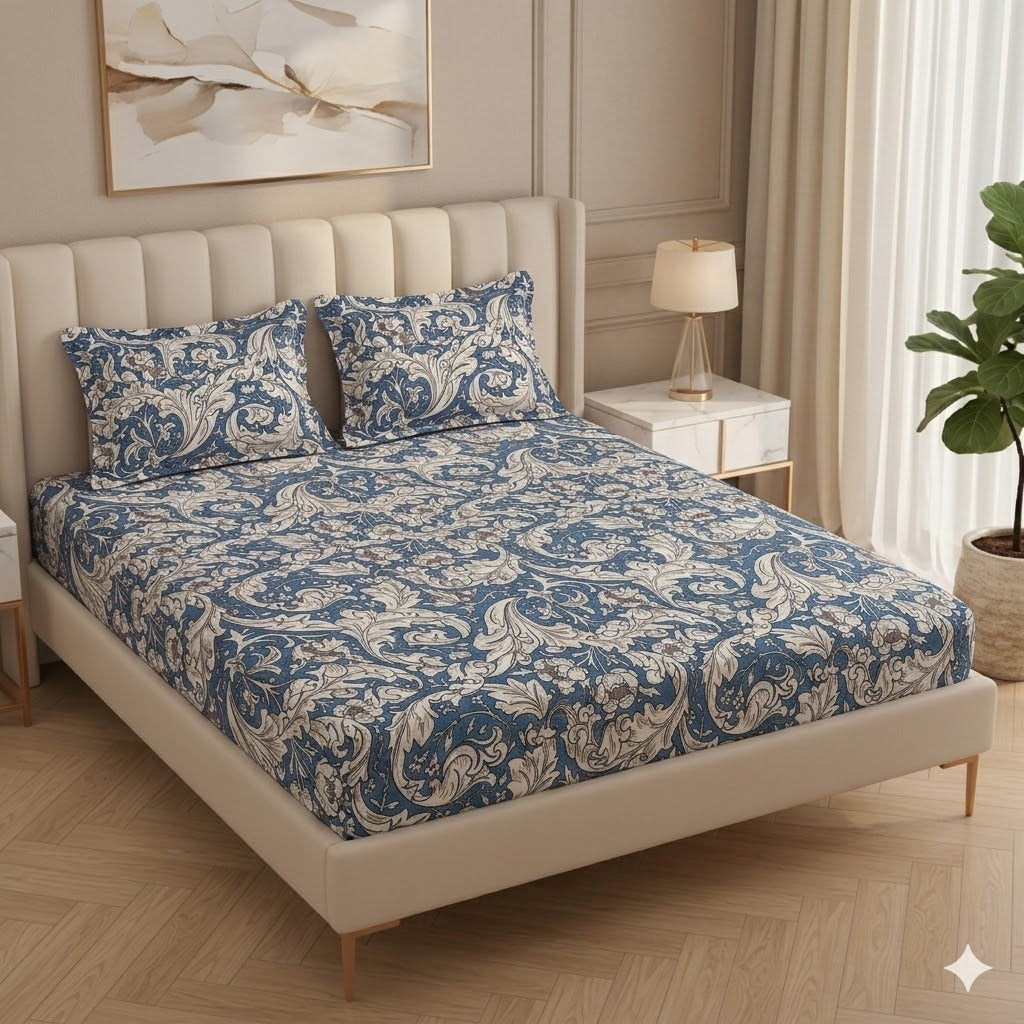 Fabicra Royal Cotton Elastic Fitted King Size Double Bed Bedsheet with 2 Pillow Covers (New)