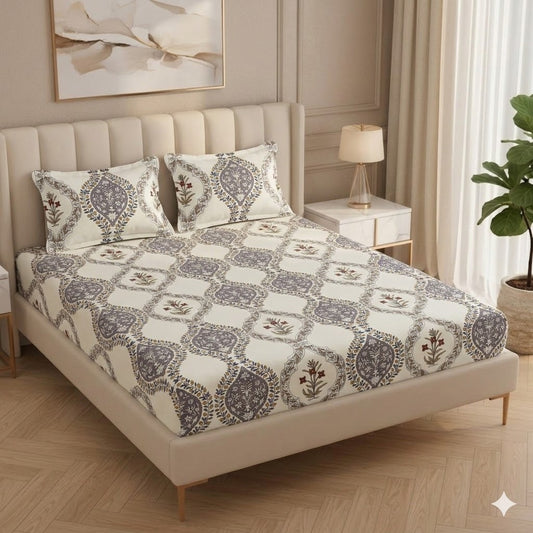 Fabicra Royal Cotton Elastic Fitted King Size Double Bed Bedsheet with 2 Pillow Covers (BOGO)