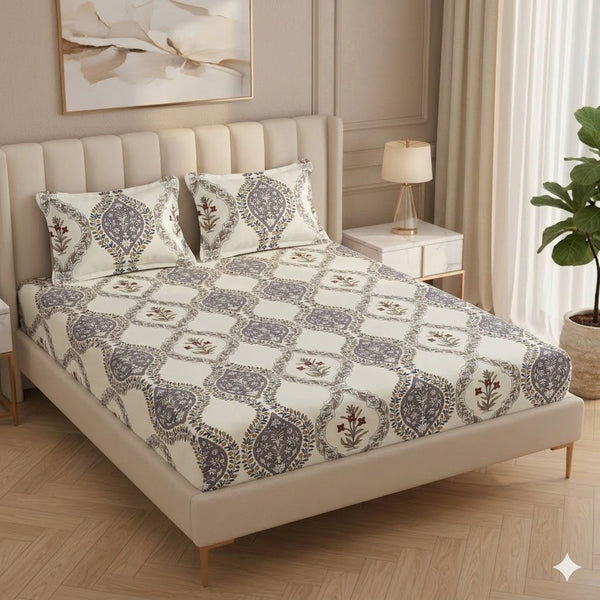 Fabicra Royal Cotton Elastic Fitted King Size Double Bed Bedsheet with 2 Pillow Covers (New)