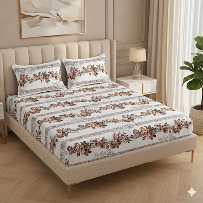 Fabicra Luxury Cotton Elastic Fitted King Size Double Bed Bedsheet with 2 Pillow Covers