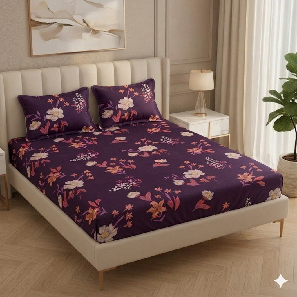 Fabicra Ultra Premium Elastic Fitted Cotton Blend King Size Double Bed Bedsheet with 2 Pillow Covers