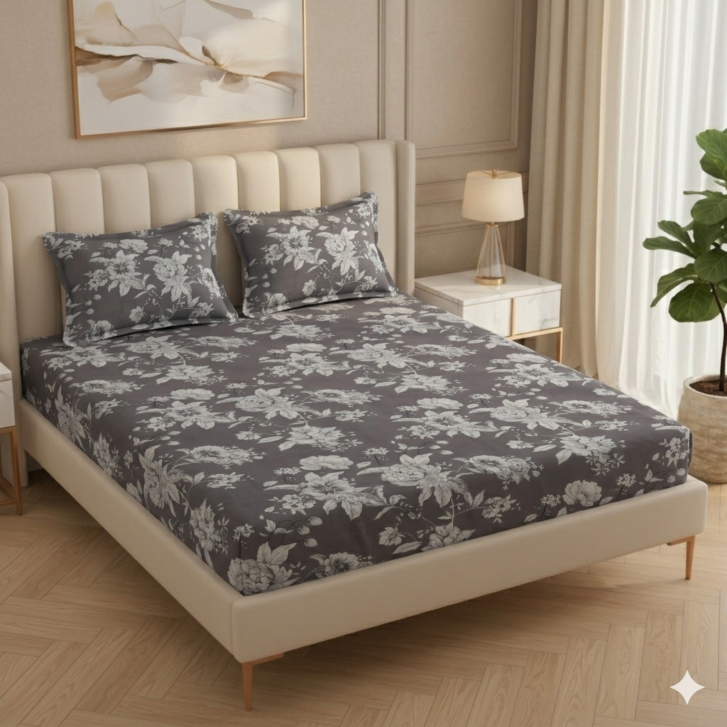 Fabicra Bliss Grey Cotton Elastic Fitted King Size Bedsheet with 2 Pillow Covers
