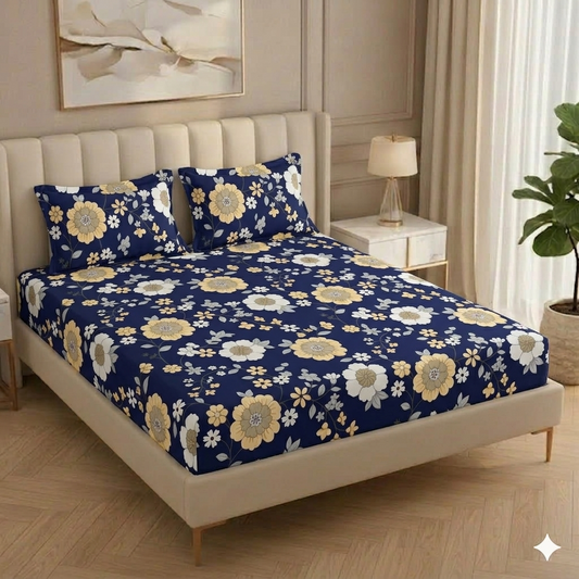 Fabicra Royal Cotton Elastic Fitted King Size Double Bed Bedsheet with 2 Pillow Covers (BOGO)
