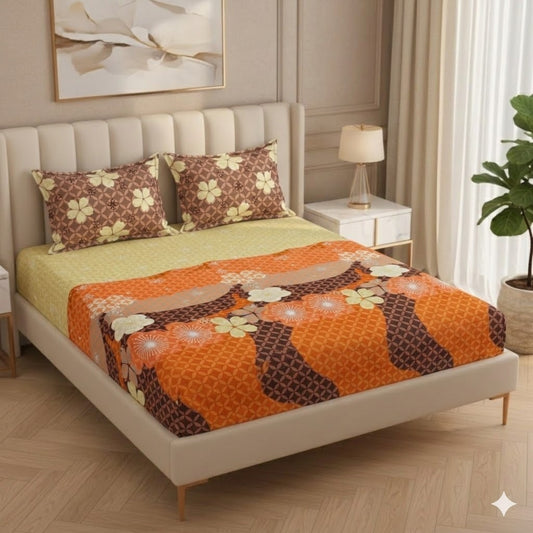 Fabicra Premium Designer Elastic Fitted 100% Cotton Double Bed Bedsheets with 2 Coordinated Pillow Covers