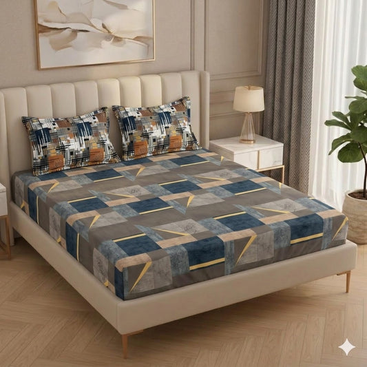 Fabicra Royal Blue Zig Zag Cotton Blend Elastic Fitted King Bedsheet with 2 Pillow Covers