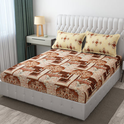 Fabicra Premium Designer Elastic Fitted 100% Cotton Double Bed Bedsheets with 2 Coordinated Pillow Covers