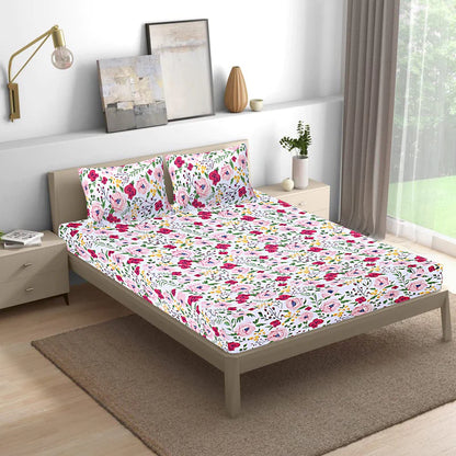 Fabicra White & Purple Floral Cotton Blend Elastic Fitted King Bedsheet with 2 Pillow Covers