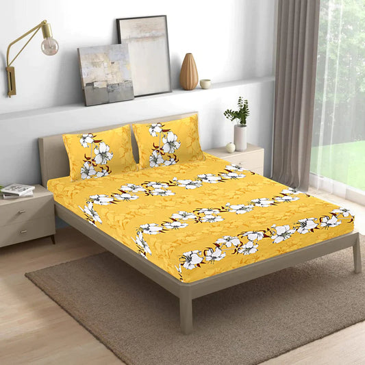 BOGO Fabicra Yellow Floral Cotton Blend Elastic Fitted King Bedsheet with 2 Pillow Covers