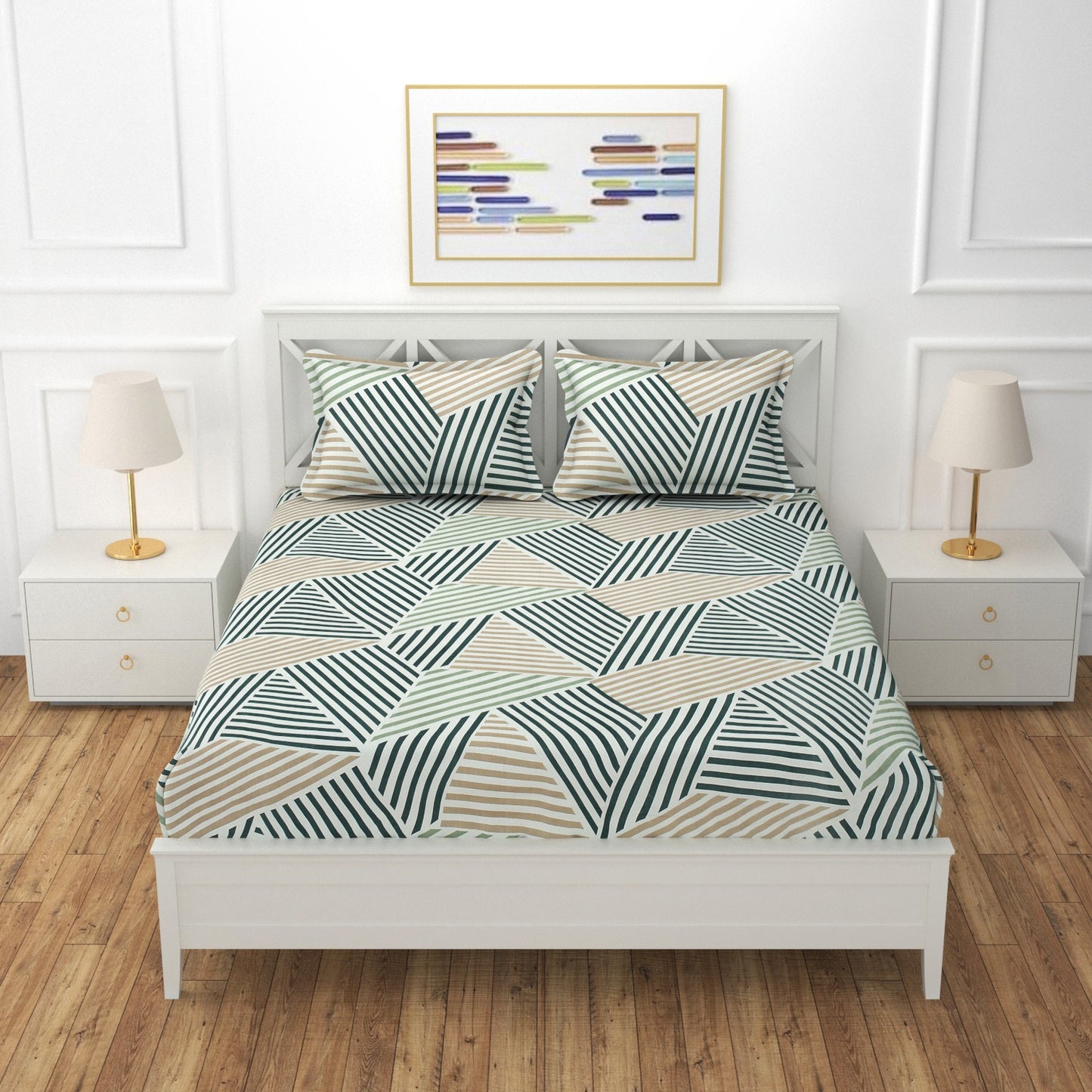 Fabicra Zig Zag Cotton Elastic Fitted Single/King Size Double Bed Bedsheet with 2 Pillow Covers