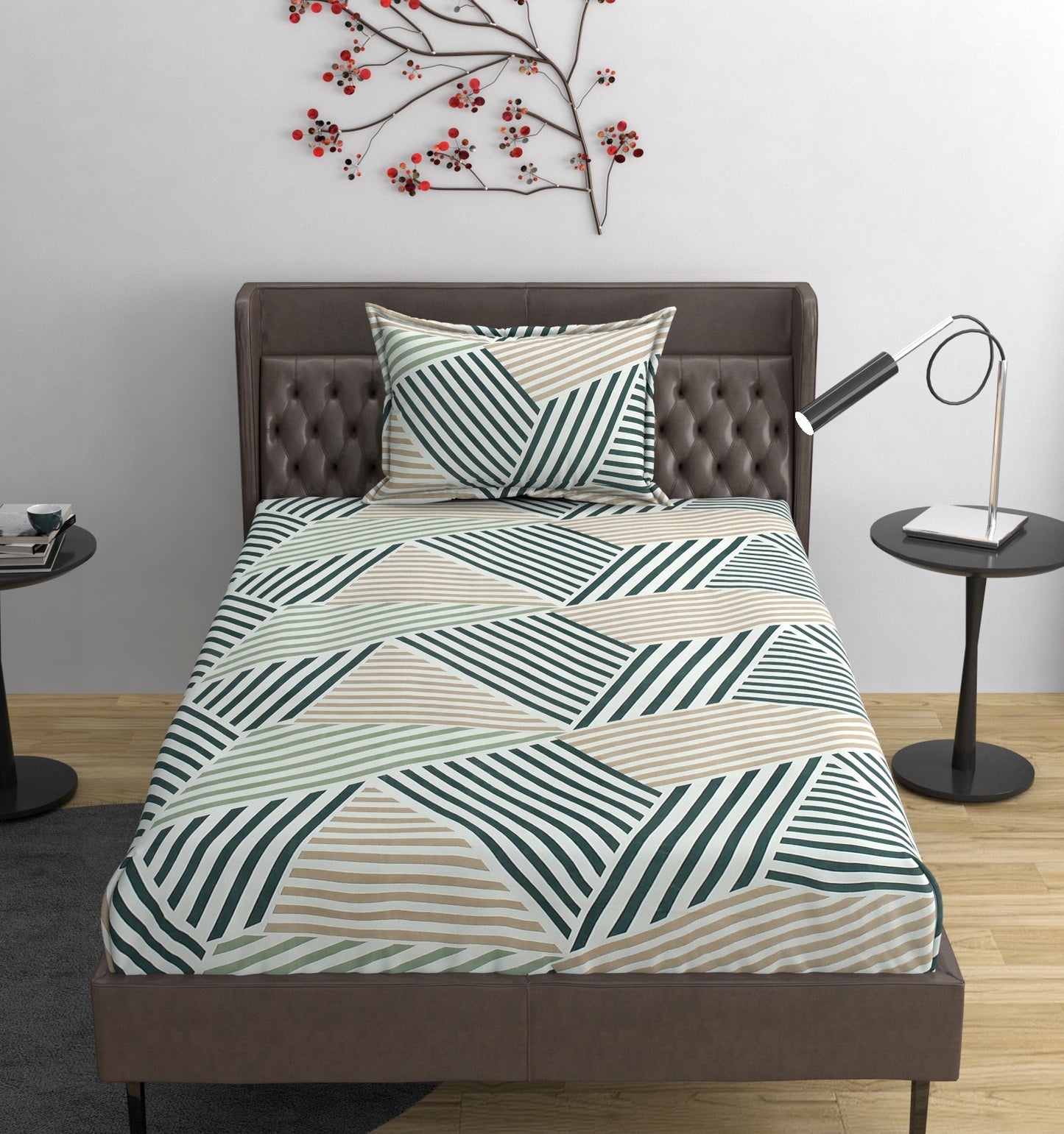 Fabicra Zig Zag Cotton Elastic Fitted Single/King Size Double Bed Bedsheet with 2 Pillow Covers