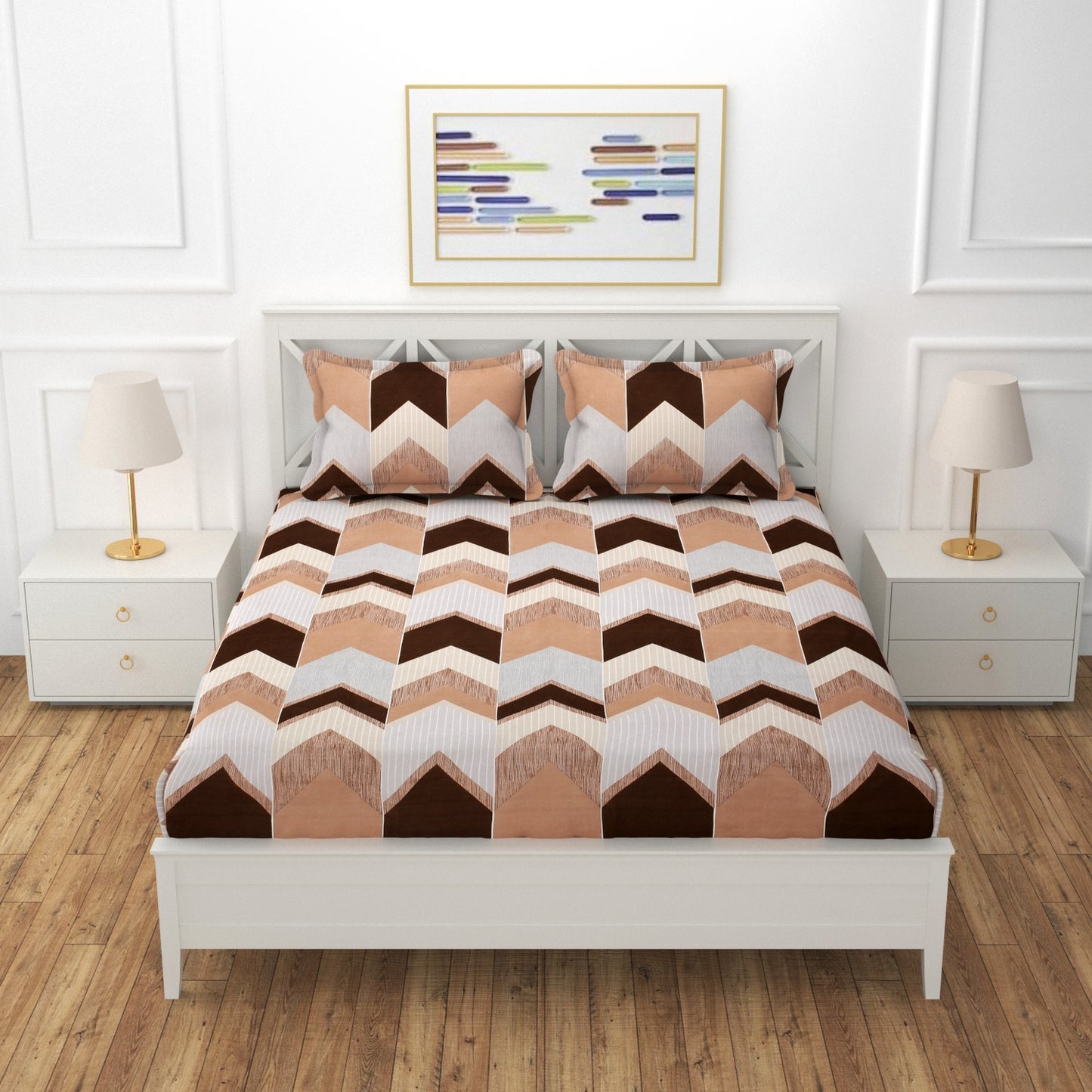 Fabicra Brown Geometry Cotton Elastic Fitted Single/King Size Double Bed Bedsheet with 2 Pillow Covers