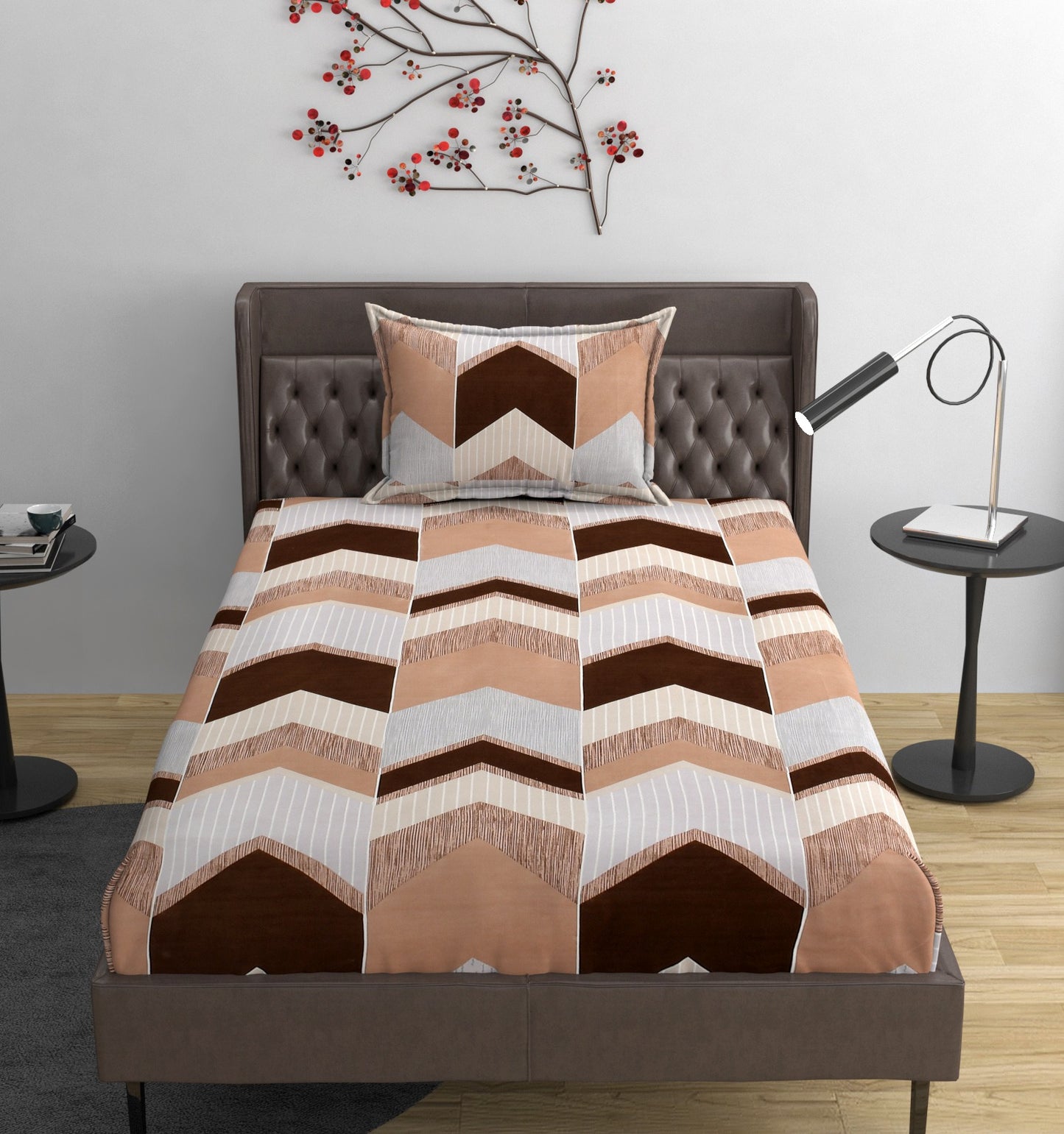 Fabicra Brown Geometry Cotton Elastic Fitted Single/King Size Double Bed Bedsheet with 2 Pillow Covers