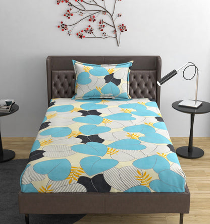 Fabicra Blue Story Cotton Elastic Fitted King Size Double Bed Bedsheet with 2 Pillow Covers