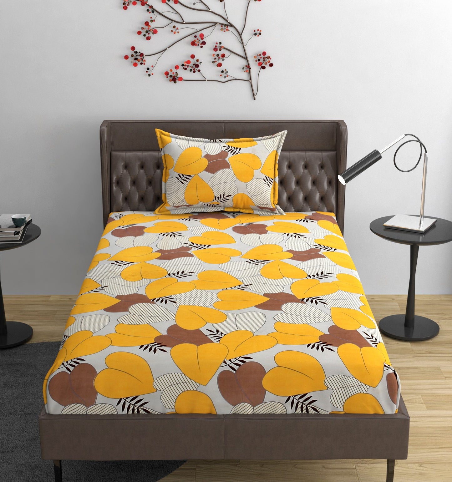 Fabicra Yellow Story Cotton Elastic Fitted Single/King Size Double Bed Bedsheet with 2 Pillow Covers