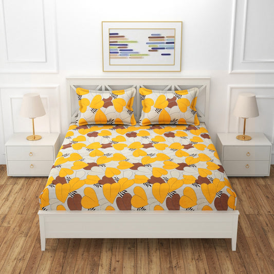 Fabicra Yellow Story Cotton Elastic Fitted Single/King Size Double Bed Bedsheet with 2 Pillow Covers