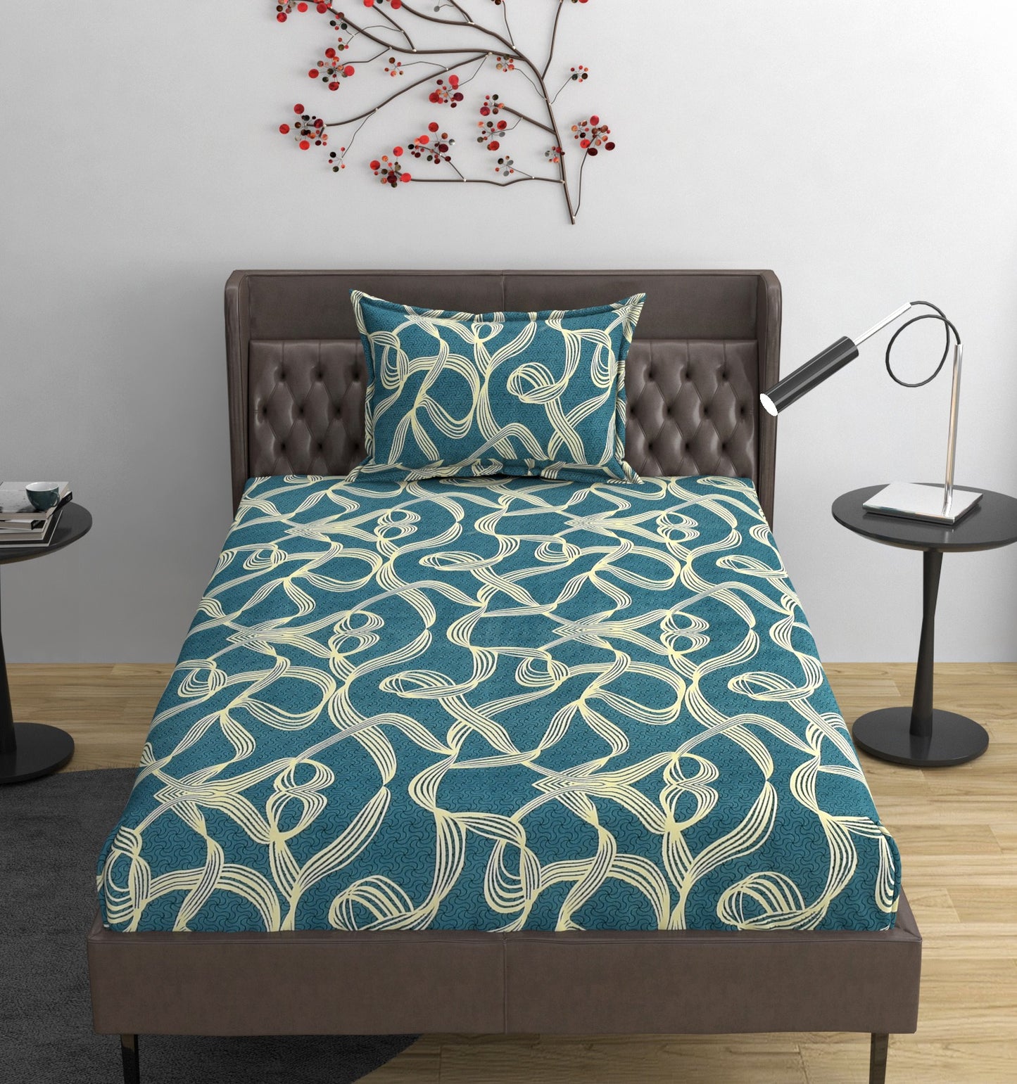 Fabicra Blue Squid Cotton Elastic Fitted Single/King Size Double Bed Bedsheet with 2 Pillow Covers