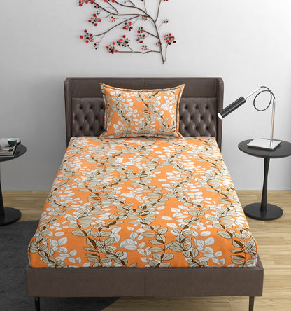 Fabicra Orange Blossom Cotton Elastic Fitted Single Double Bed Bedsheet with 1 Pillow Covers