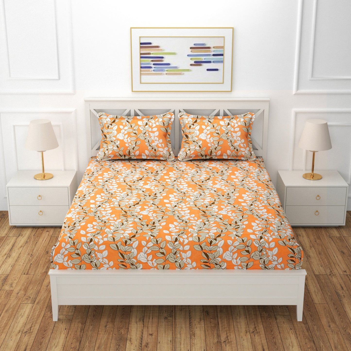 Fabicra Orange Blossom Cotton Elastic Fitted Single Double Bed Bedsheet with 1 Pillow Covers