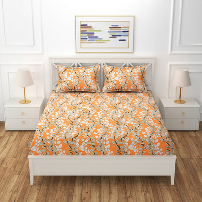 Fabicra Orange Blossom Cotton Elastic Fitted Single Double Bed Bedsheet with 1 Pillow Covers