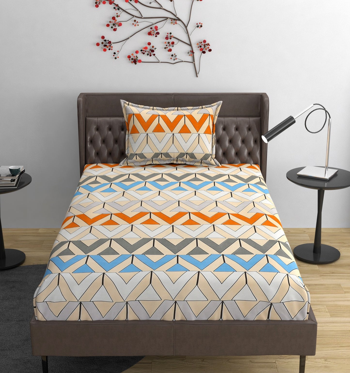 Fabicra Orange Vibe Cotton Elastic Fitted Single/King Size Double Bed Bedsheet with 2 Pillow Covers