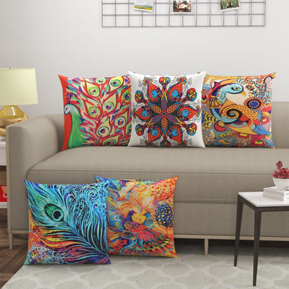 Peacock Multicolor Cushion Covers - Set Of 5