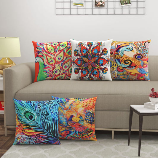 Peacock Multicolor Cushion Covers - Set Of 5