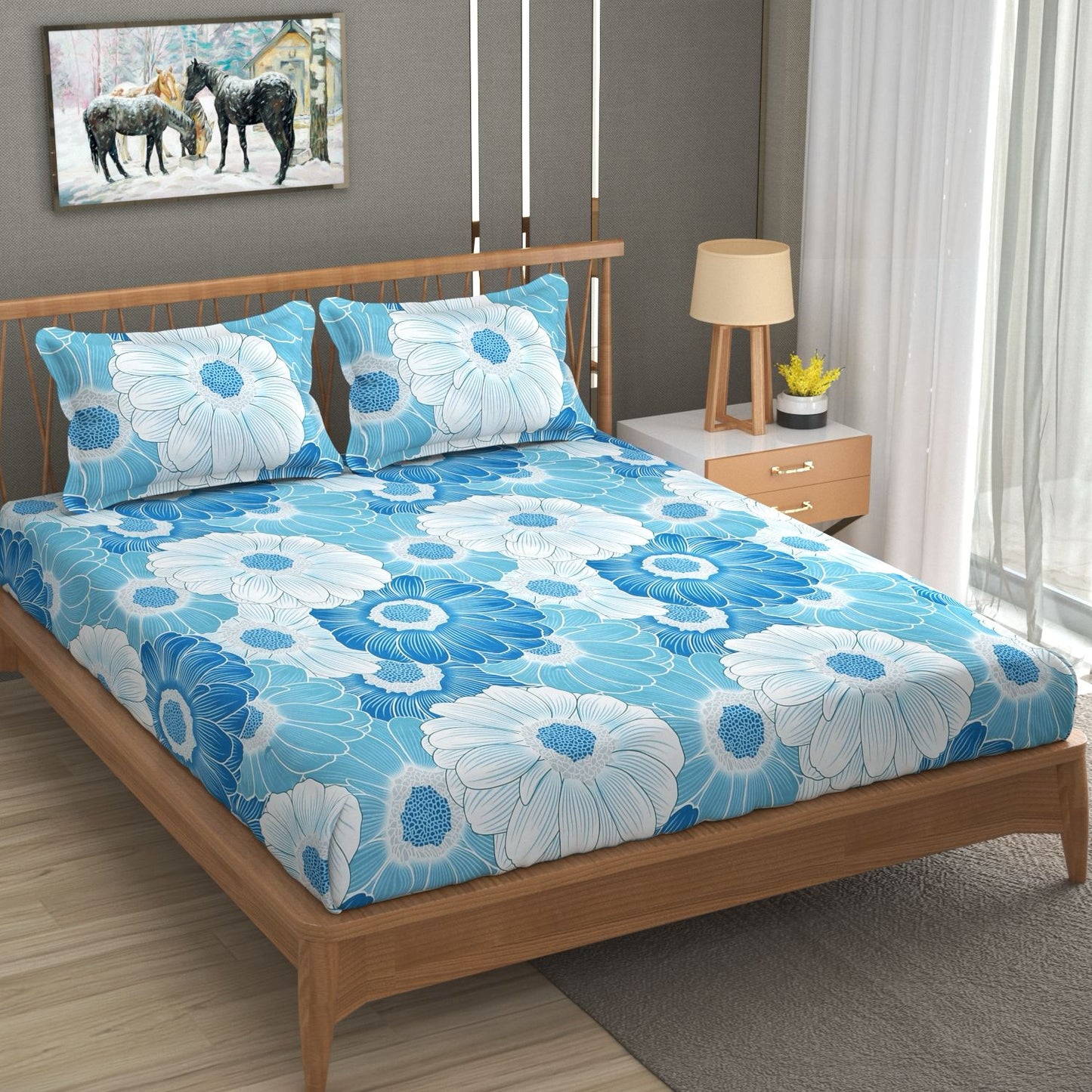 BOGO Fabicra Blue Blossom Cotton Elastic Fitted King Size Double Bed Bedsheet with 2 Pillow Covers