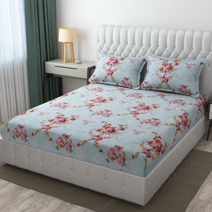 BOGO Premium Red Floral Cotton Elastic Fitted King Size Double Bed Bedsheet with 2 Pillow Covers