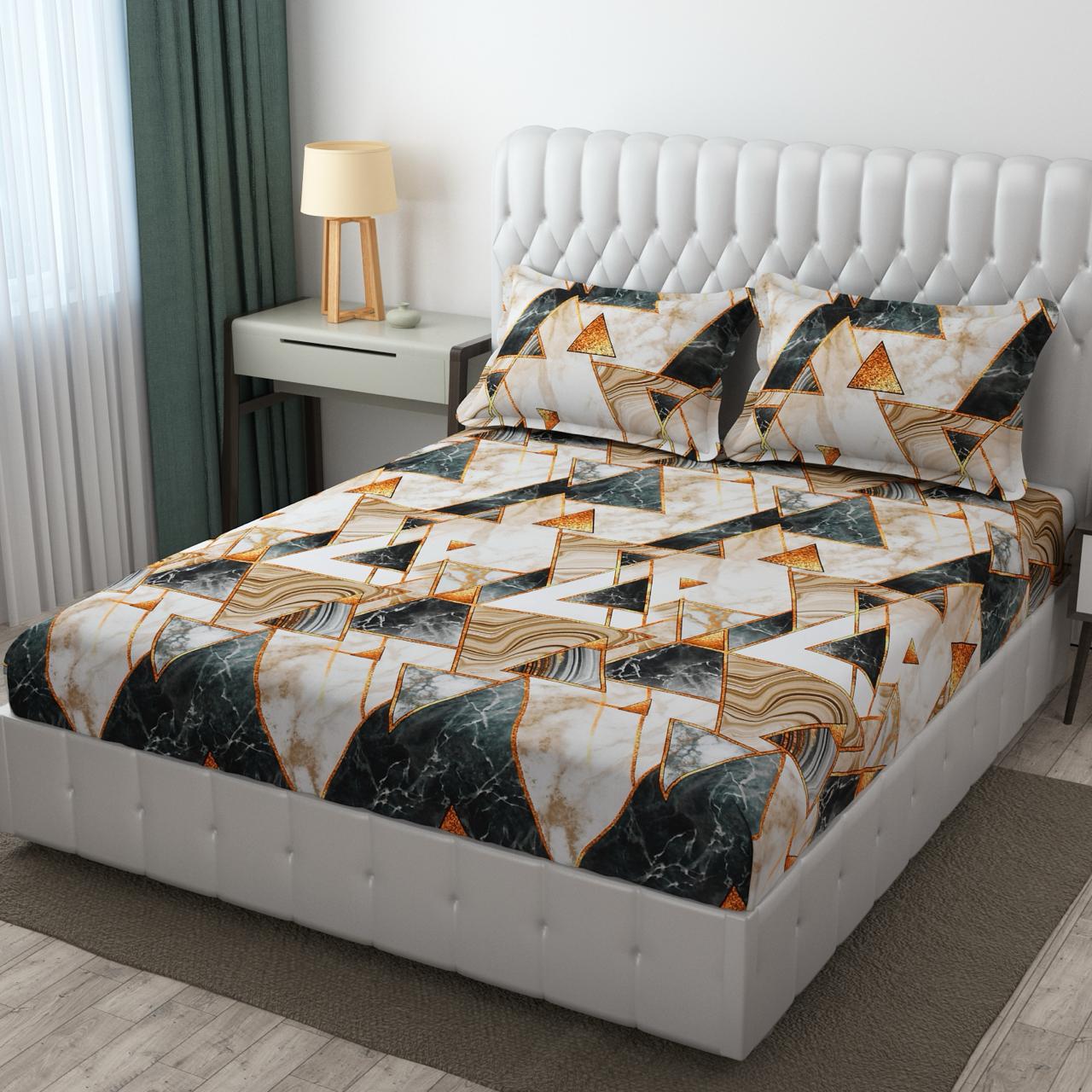 Premium Abstract Design Cotton Elastic Fitted King Size Double Bed Bedsheet with 2 Pillow Covers