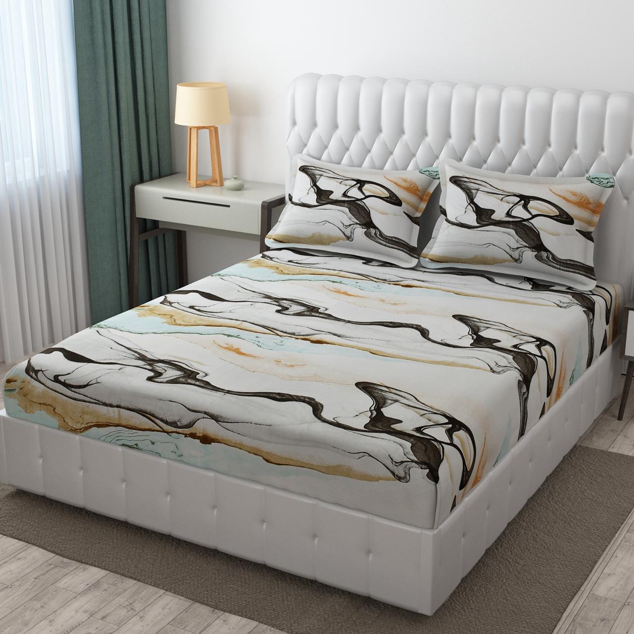 Premium Abstract Waves Design Cotton Blend Elastic Fitted King Size Double Bed Bedsheet with 2 Pillow Covers