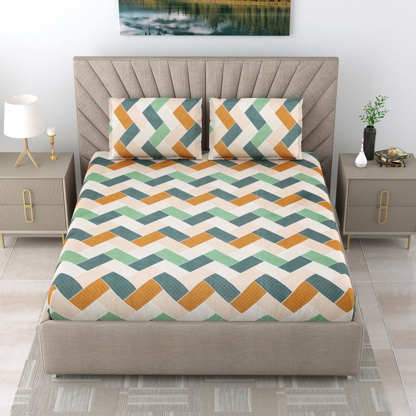 BOGO Premium Rich ZigZag Design Cotton Blend Elastic Fitted King Size Double Bed Bedsheet with 2 Pillow Covers