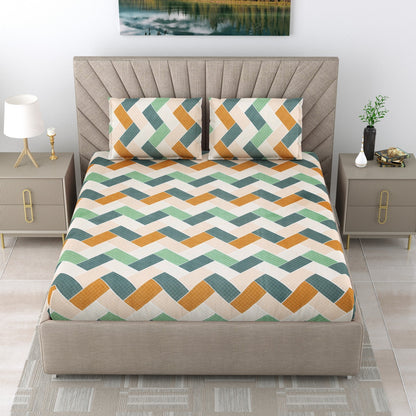 BOGO Premium Rich ZigZag Design Cotton Blend Elastic Fitted King Size Double Bed Bedsheet with 2 Pillow Covers