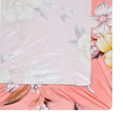 Pink Floral 100% Waterproof Elastic Fitted King Size Double Bed Bedsheet With 2 Pillow Covers