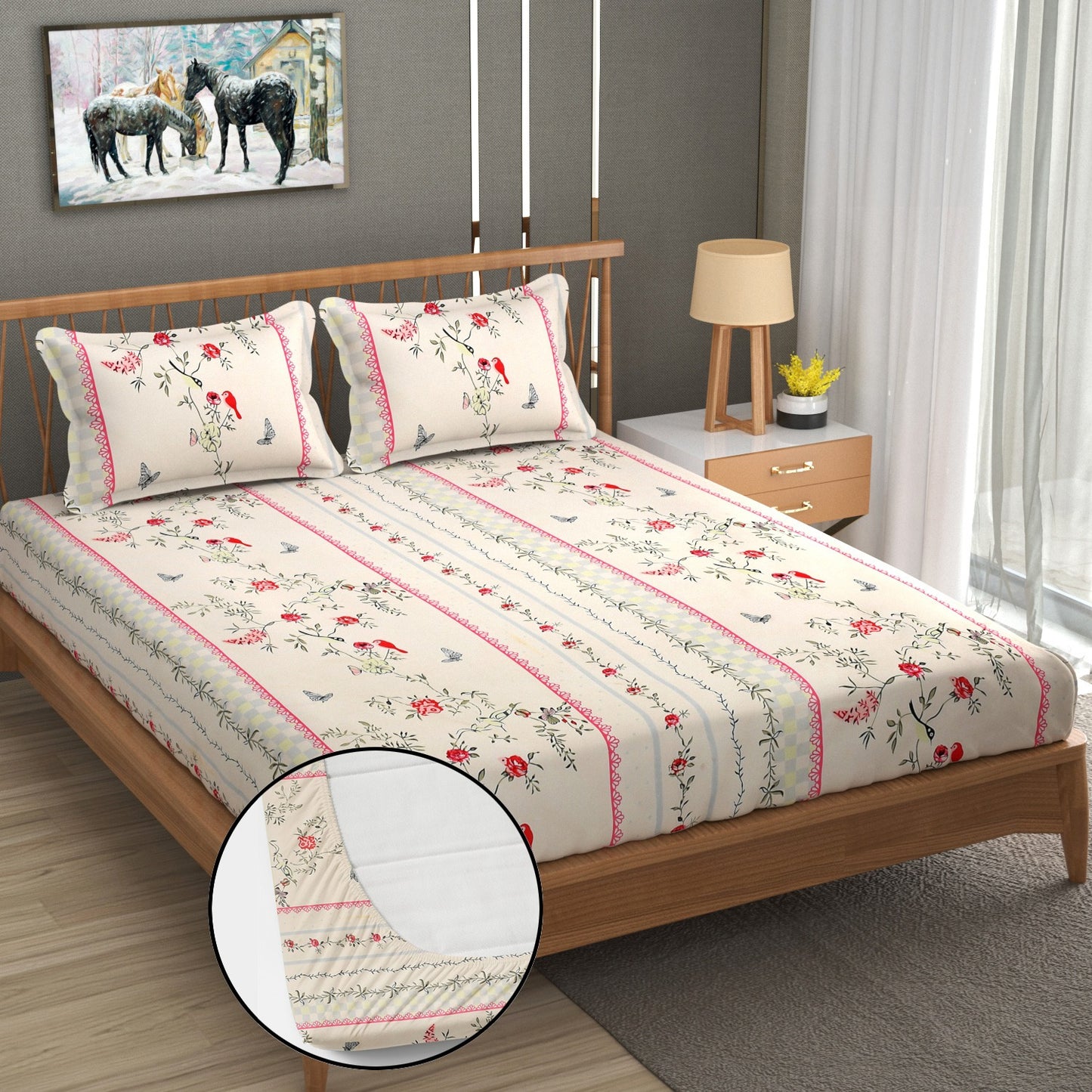 Red Floral 100% Waterproof Elastic Fitted King Size Double Bed Bedsheet With 2 Pillow Covers