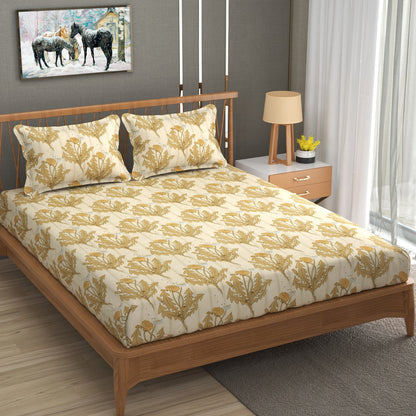 Brown Floral 100% Waterproof Elastic Fitted King Size Double Bed Bedsheet With 2 Pillow Covers