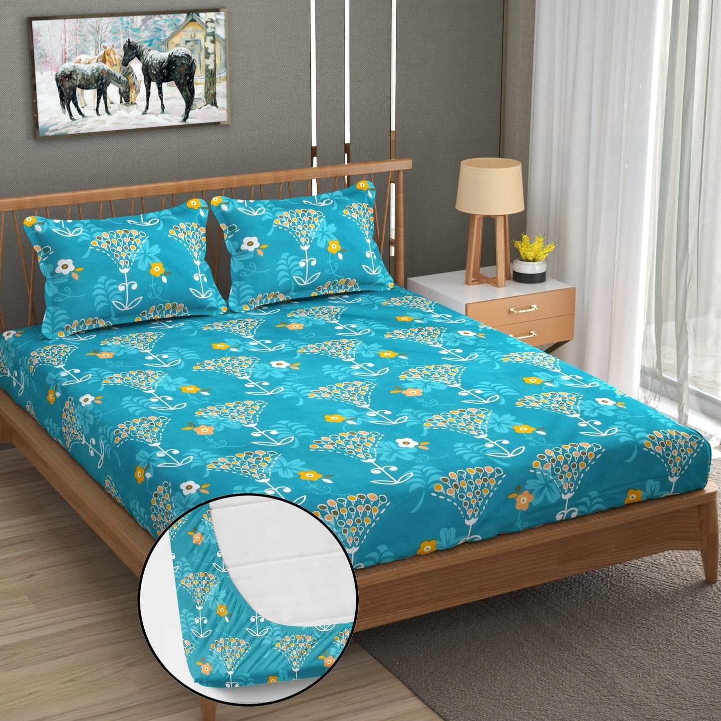 Blue Floral 100% Waterproof Elastic Fitted King Size Double Bed Bedsheet With 2 Pillow Covers