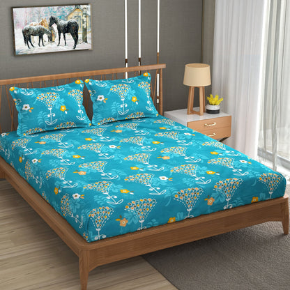 Blue Floral 100% Waterproof Elastic Fitted King Size Double Bed Bedsheet With 2 Pillow Covers