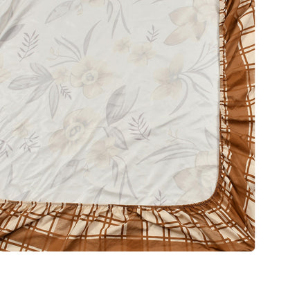 Brown Floral 100% Waterproof Elastic Fitted King Size Double Bed Bedsheet With 2 Pillow Covers