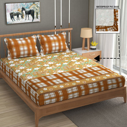 Brown Check 100% Waterproof Elastic Fitted King Size Double Bed Bedsheet With 2 Pillow Covers