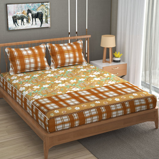 Brown Check 100% Waterproof Elastic Fitted King Size Double Bed Bedsheet With 2 Pillow Covers