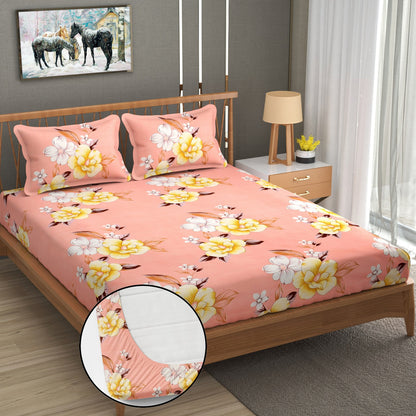 Pink Floral 100% Waterproof Elastic Fitted King Size Double Bed Bedsheet With 2 Pillow Covers