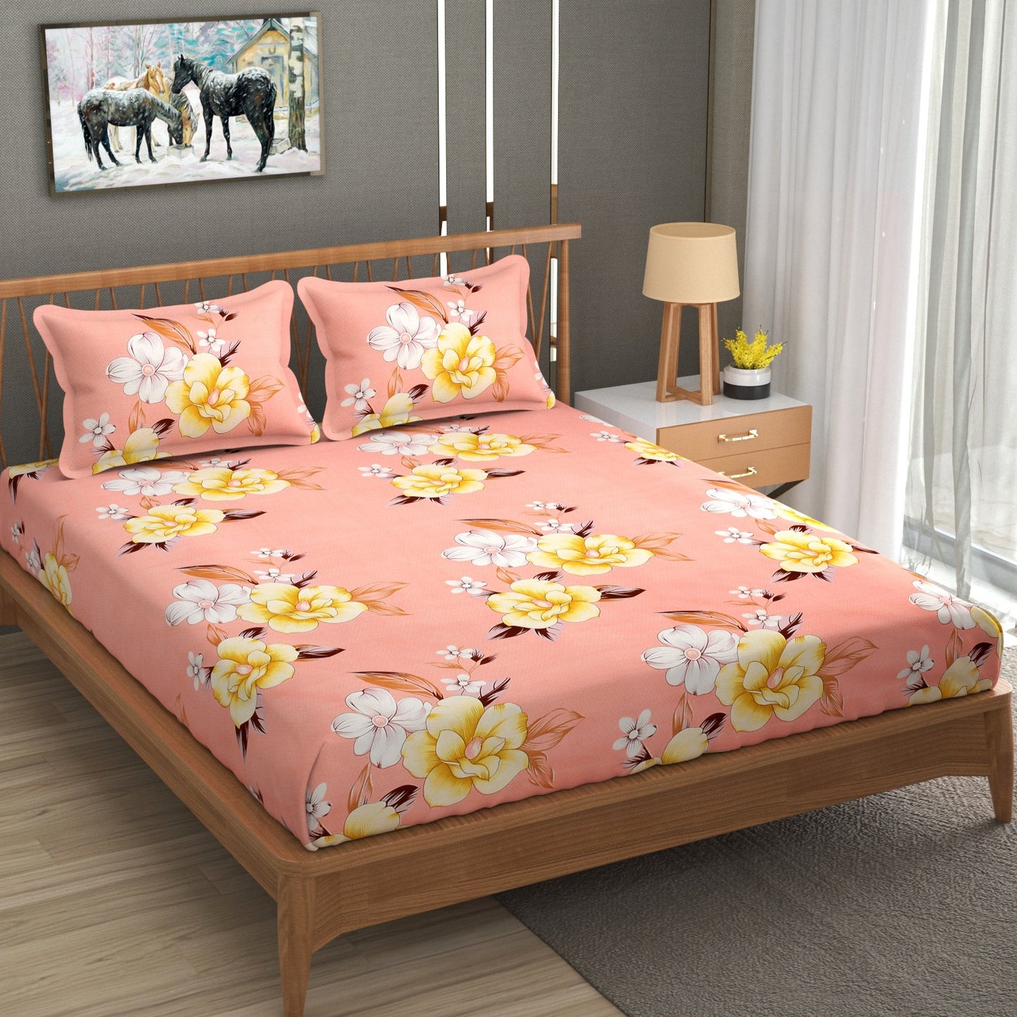 Pink Floral 100% Waterproof Elastic Fitted King Size Double Bed Bedsheet With 2 Pillow Covers