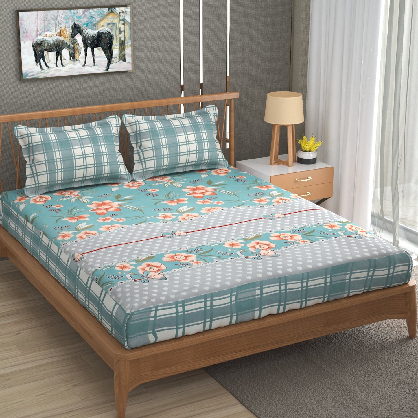 Blue Floral 100% Waterproof Elastic Fitted King Size Double Bed Bedsheet With 2 Pillow Covers